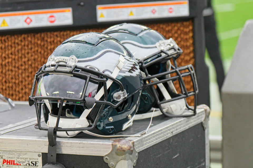 TAMPA, FL - JANUARY 16: Philadelphia Eagles helmets sit on a cart during the game between the Philadelphia Eagles and the Tampa Bay Buccaneers on January 16, 2022 at  Raymond James Stadium in Tampa, FL. (Photo by Andy Lewis/Icon Sportswire via Getty Images)