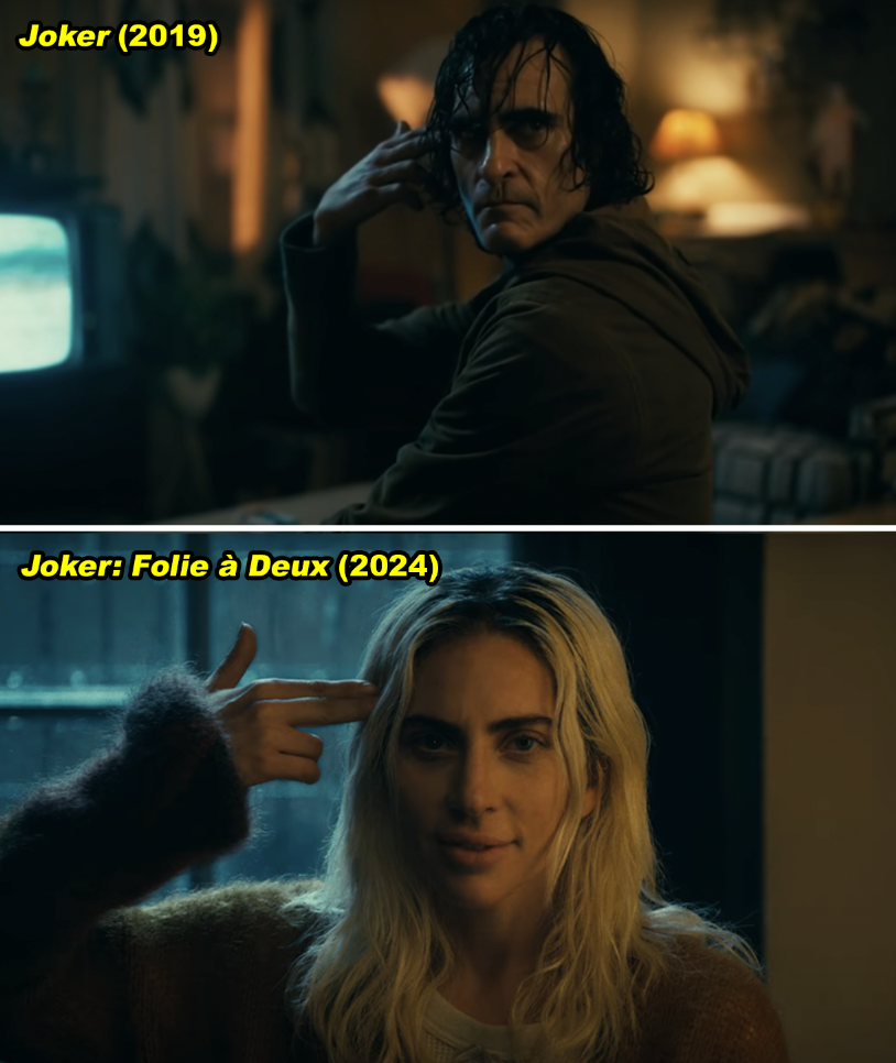 Two movie stills from "Joker (2019)" and "Joker: Folie à Deux (2024)" showing the characters in introspective poses