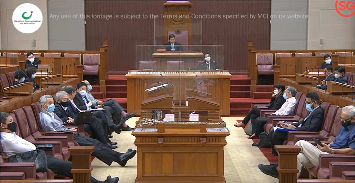 Indiscrete remarks, apparently about NCMP Leong Mun Wai, were overheard in Parliament on Tuesday, 14 September 2021. (SCREENGRAB: Ministry of Communications and Information)

