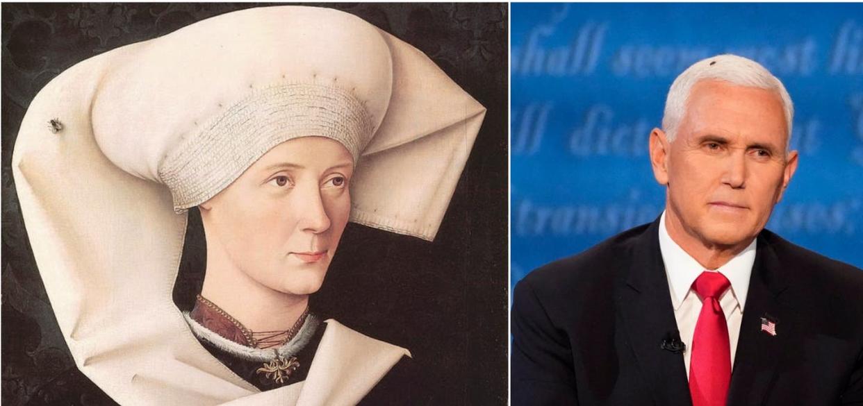 <span class="caption">'Portrait of a Woman of the Hofer Family,' Swabian artist, c. 1470, and a picture showing a fly on U.S. Vice-President Mike Pence during the Oct. 7 debate at University of Utah in Salt Lake City.</span> <span class="attribution"><span class="source">(Wikimedia Commons/AP Photo/Julio Cortez) </span></span>