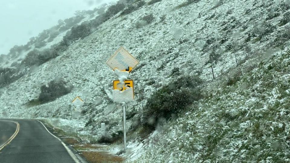 Highway 58 near the San Luis Obispo and Kern county line saw a light dusting of snow on Saturday, April 13, 2024.