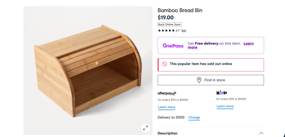 The Kmart $19 bamboo bread bin is shown on a plain background on the online store, next to its pricing details.