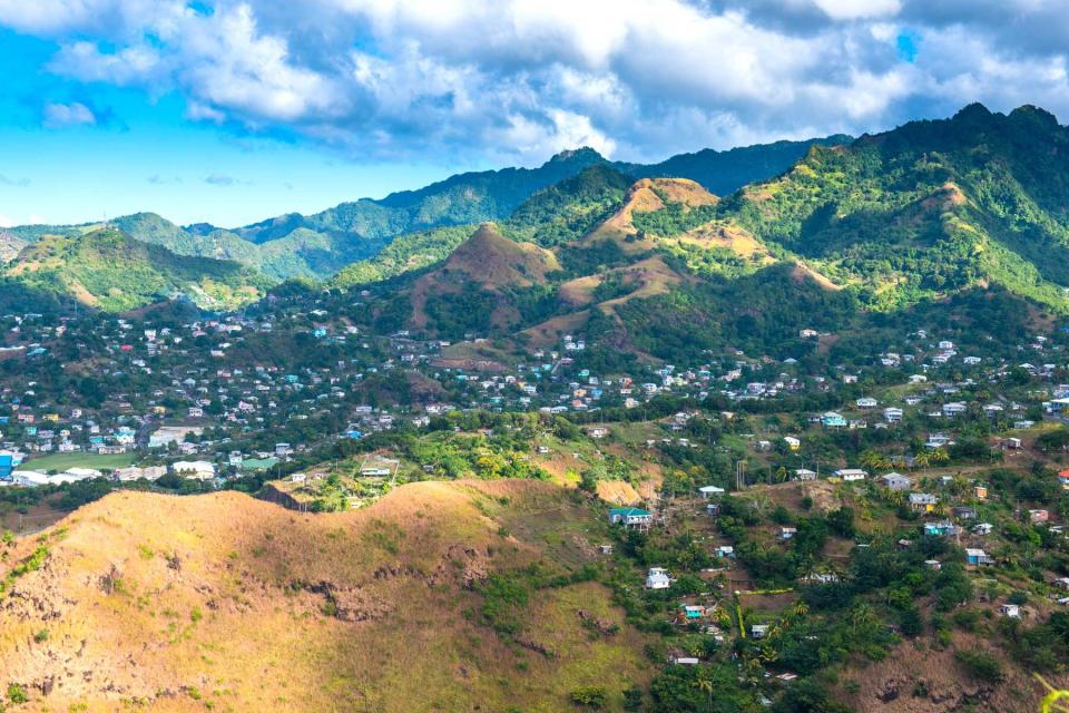 View of houses dotting a hillside in St Vincent, St Vincent &amp; The Grenadines