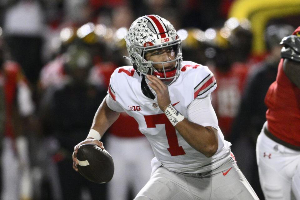 Ohio State quarterback C.J. Stroud runs with the ball against Maryland in November.