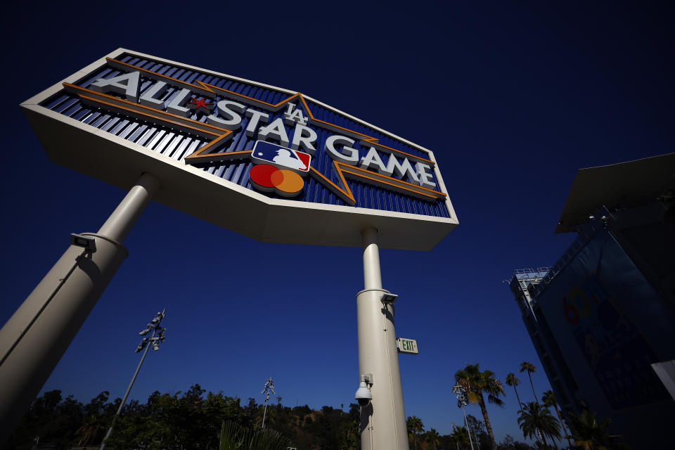 LOS ANGELES, CALIFORNIA - JULY 10:   The MLB All-Star game logo at Dodger Stadium on July 10, 2022 in Los Angeles, California. (Photo by Ronald Martinez/Getty Images)