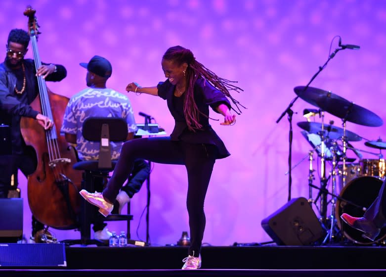 The Super Villains, a tap dance act for the modern age featuring Dormeshia (center) performed at the Music Center.