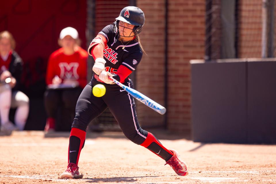 Ball State softball's Haley Wynn in the team's game against Miami (Ohio) at First Merchants Ballpark on Wednesday, April 26, 2023.