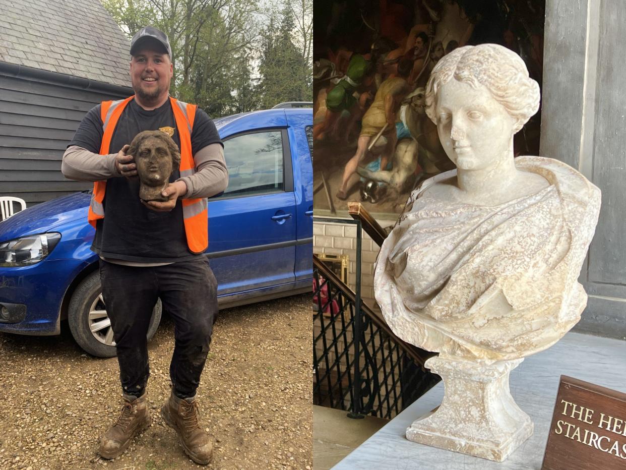 Greg Crawley holding statue and Roman statue inside Burghley House