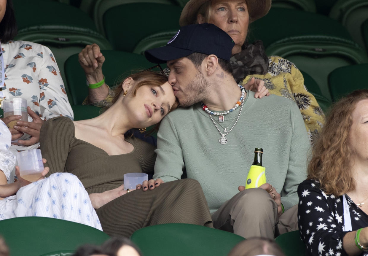 Phoebe Dynevor and Pete Davidson hosted by Lanson attend day 6 of the Wimbledon Tennis Championships at the All England Lawn Tennis and Croquet Club on July 03, 2021. (Karwai Tang / WireImage)