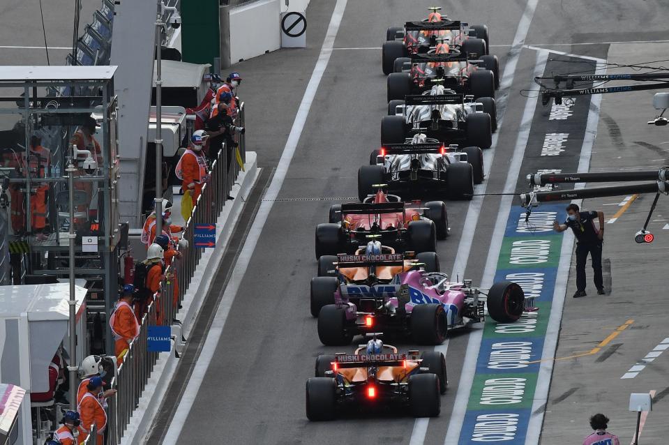 Drivers during the qualifying session for the Formula One Russian Grand Prix at the Sochi Autodrom Circuit in Sochi on September 26, 2020. (Photo by Kirill KUDRYAVTSEV / POOL / AFP) (Photo by KIRILL KUDRYAVTSEV/POOL/AFP via Getty Images)