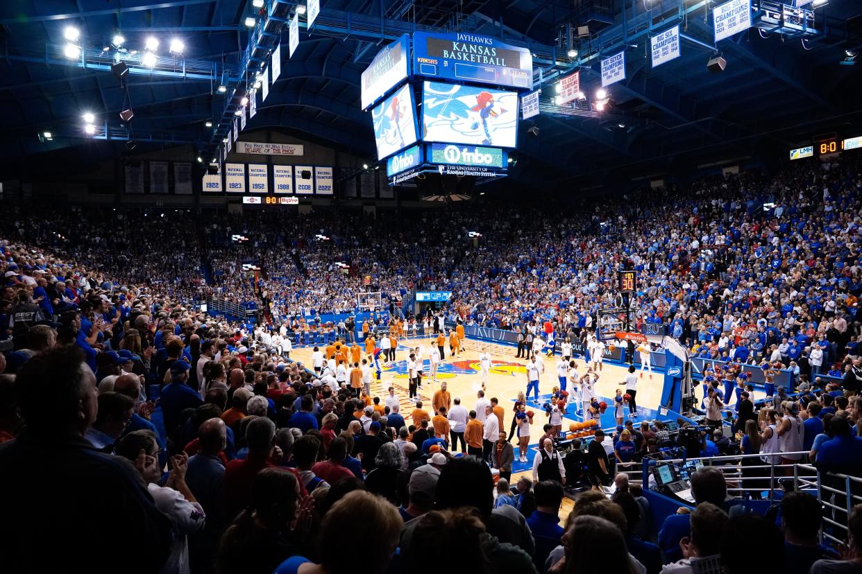 Fans fill Allen Fieldhouse before tip-off of Monday's game against Texas.