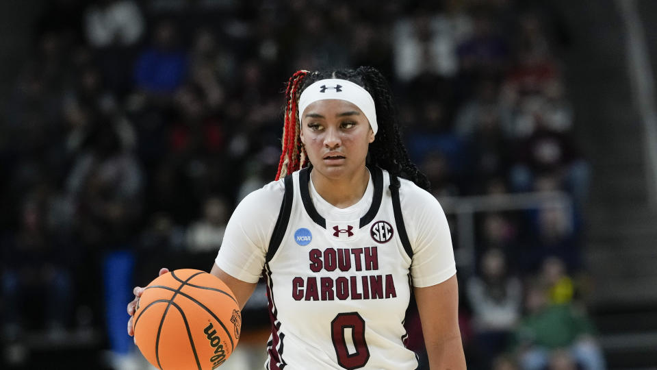 South Carolina guard Te-Hina Paopao during the first half of an Elite 8 college basketball game against Oregon State in the NCAA Tournament in Albany, N.Y., Sunday, March 31, 2024. (AP Photo/Mary Altaffer)