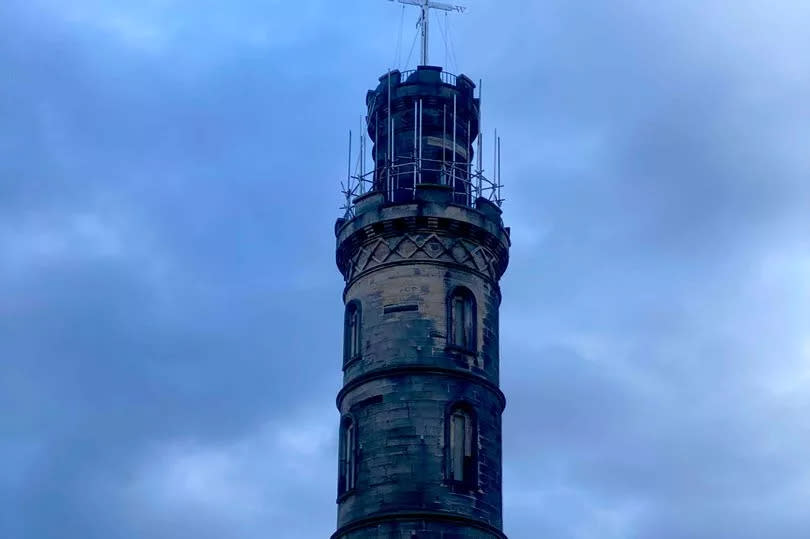 Scaffolding has been erected around the tower's parapet as repairs to the time ball get underway