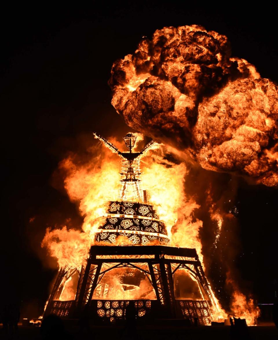 The Man sculpture burns at the 2019 Burning Man festival.