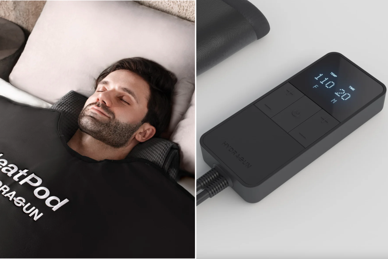 split screen of man resting in the Heatpod Sauna Blanket 2 and hydragun HeatPod Sauna Blanket 2 remote