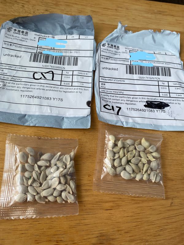 Packages of unidentified seeds which appear to have been mailed from China to U.S. postal addresses are seen at the WSDA in Olympia