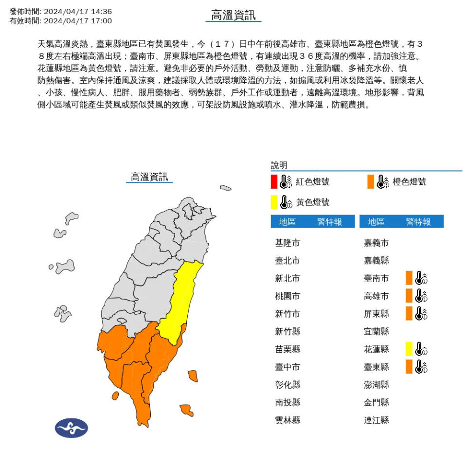 <strong>氣象署17日下午針對南高屏、花東5縣市發布高溫資訊，民眾需注意36度到38度高溫。（圖／翻攝自中央氣象署官網）</strong>