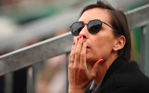 Flavia Panetta watches her husband Fabio Fognini of Italy as he plays against Rafael Nadal of Spain in their semifinal match during day seven of the Rolex Monte-Carlo Masters at Monte-Carlo Country Club on April 20, 2019 in Monte-Carlo, Monaco