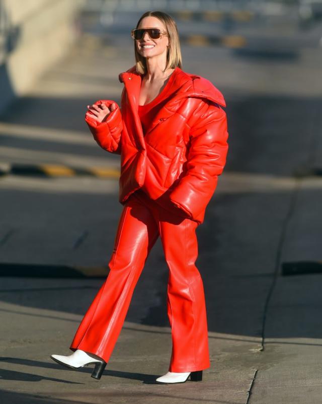 Kristen Bell Pops in Red Leather Outfit & White '70s Boots for 'Jimmy  Kimmel Live