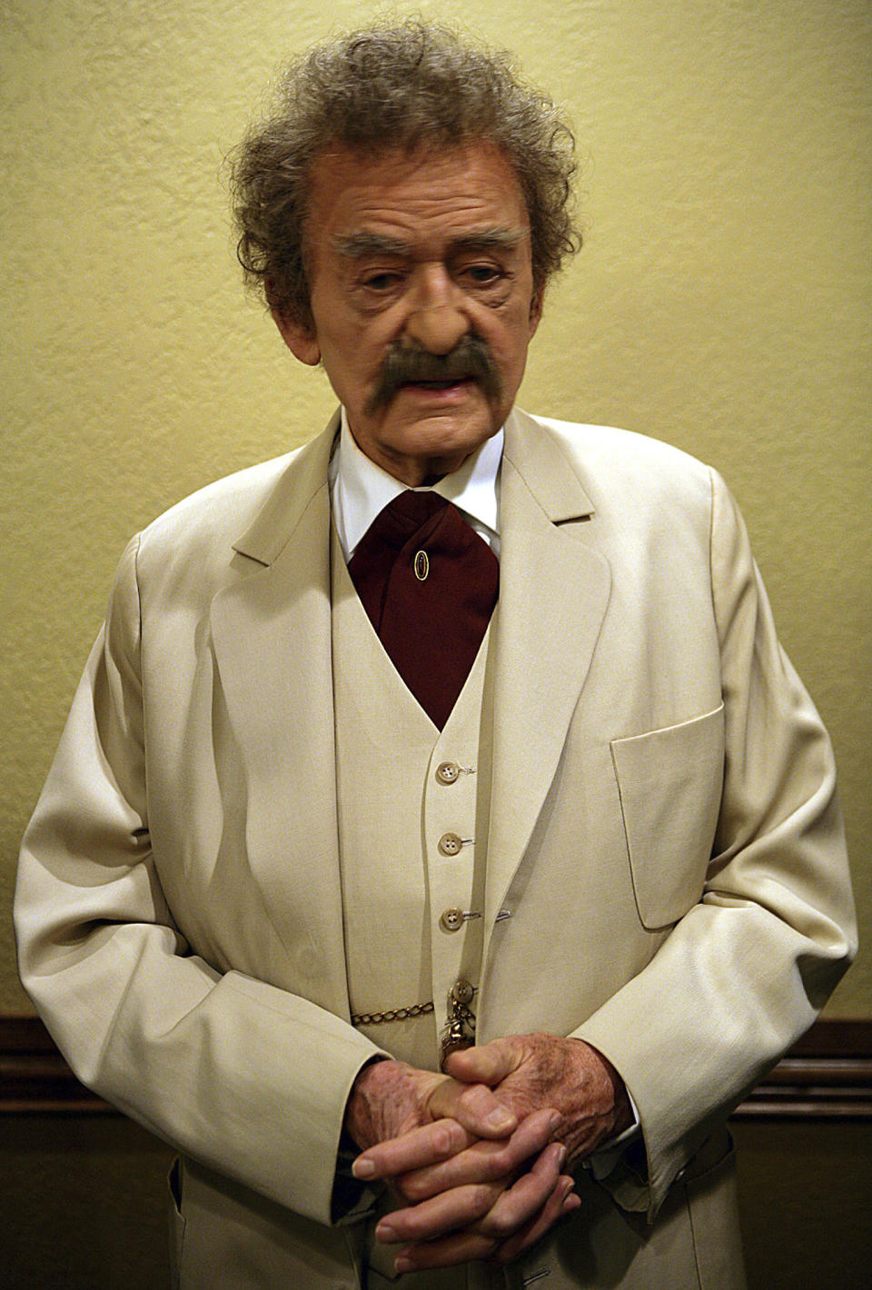 FILE - Hal Holbrook greets patrons in stage make-up following his one-man performance of "Mark Twain Tonight" at the University of Texas at Tyler, Texas on Jan. 13, 2007. Holbrook died on Jan. 23 in Beverly Hills, California, his representative, Steve Rohr, told The Associated Press Tuesday. He was 95. (AP Photo/Dr. Scott M. Lieberman, File)