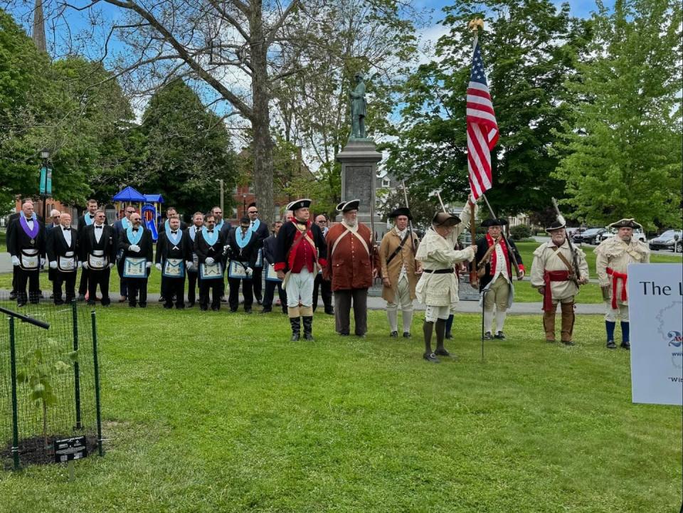 Revolutionary War re-enactors from the 1st Independent Company of the 24th Connecticut Militia Regiment conducted a gun salute for the dedication of the Liberty Tree in Central Park, Honesdale, on May 19, 2024.