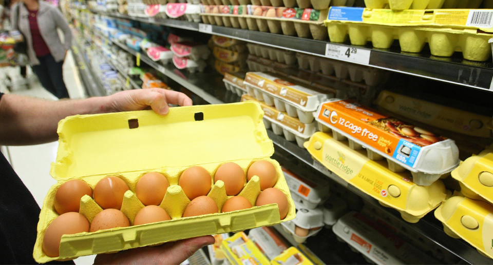 Woolworths cage free eggs seen on the supermarket shelf. 