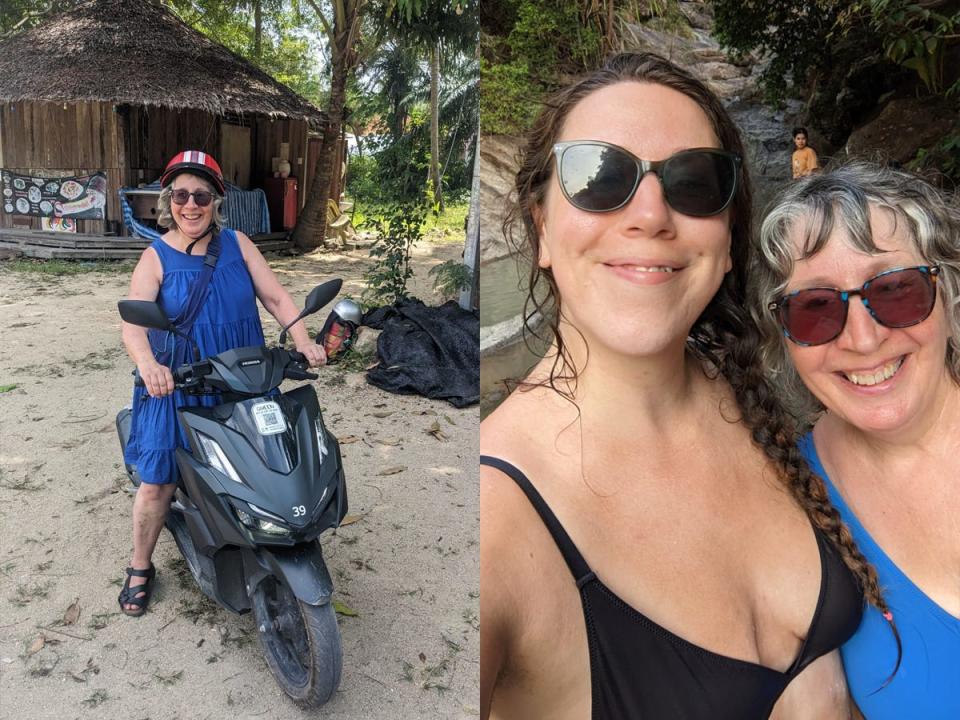 Author's mom on a motorbike next to selfie of author Hannah Shewan Stevens and her mom in Thailand