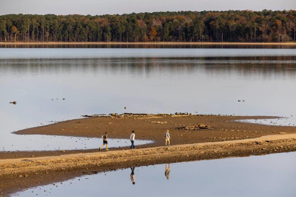 Foundations of abandoned homes and an old roadbed that were part of communities in the New Hope Valley before they were flooded upon Jordan Lake’s 1982 completion are visible Tuesday, Nov. 15, 2023 in Chapel Hill. Jordan Lake is more than four feet below the lake’s 216.08 median water depth over the past 29 years, and about 2.5 feet below the lake’s height last year.