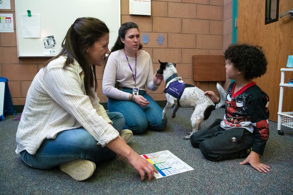 Lexis Goodale, a Poudre School District occupational therapist, left, sits with owner and volunteer Sally Gallop and her therapy dog, Alphie, as a Laurel Elementary School student participates in an occupational therapy session at the school on Nov. 28 in Fort Collins. Gallop and Alphie volunteer with Caring Canines, a therapy dog organization that is looking for volunteer dog-owner teams in Fort Collins.
