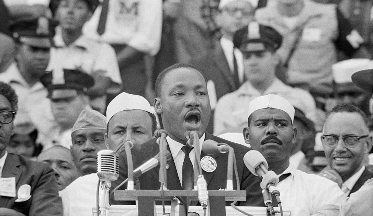 Martin Luther King, Jr. delivers his famous 'I Have a Dream' speech in front of the Lincoln Memorial during the Freedom March on Washington in 1963. <a href="https://www.gettyimages.com/detail/news-photo/dr-martin-luther-king-jr-delivers-his-famous-i-have-a-dream-news-photo/517357504?adppopup=true" rel="nofollow noopener" target="_blank" data-ylk="slk:Bettmann/Contributor via Getty images;elm:context_link;itc:0;sec:content-canvas" class="link ">Bettmann/Contributor via Getty images</a>