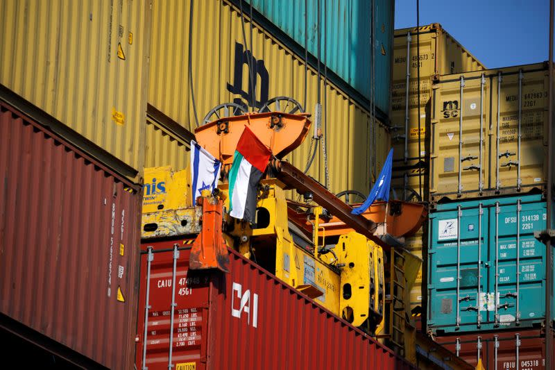 Containers carrying goods from the United Arab Emirates seen at Haifa's port