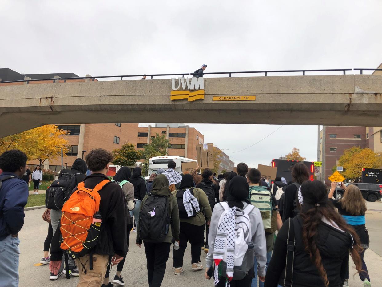 Supporters of Palestinians march on the University of Wisconsin-Milwaukee campus during a rally in October.