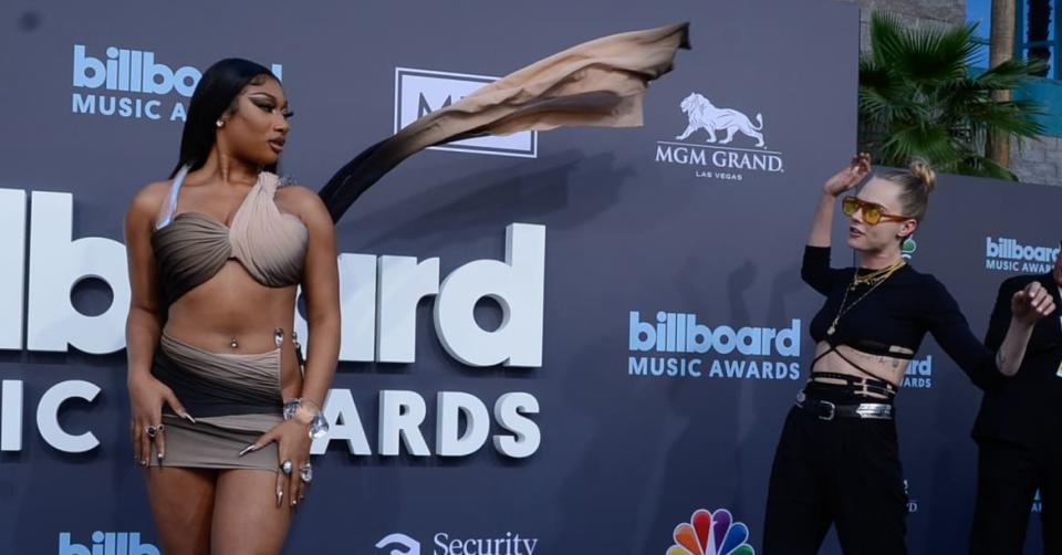 <div class="inline-image__caption"><p>Megan Thee Stallion and Cara Delevingne attend the 2022 Billboard Music Awards.</p></div> <div class="inline-image__credit">Wilson Yeung</div>