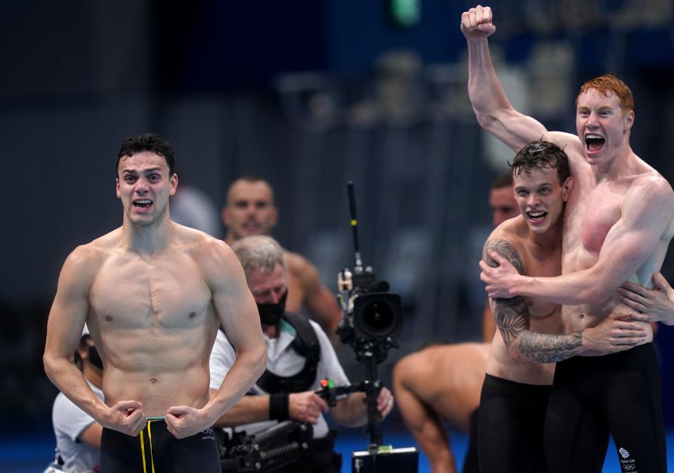 Guy, left, as Dean, right, celebrates with Richards (Adam Davy/PA) (PA Wire)