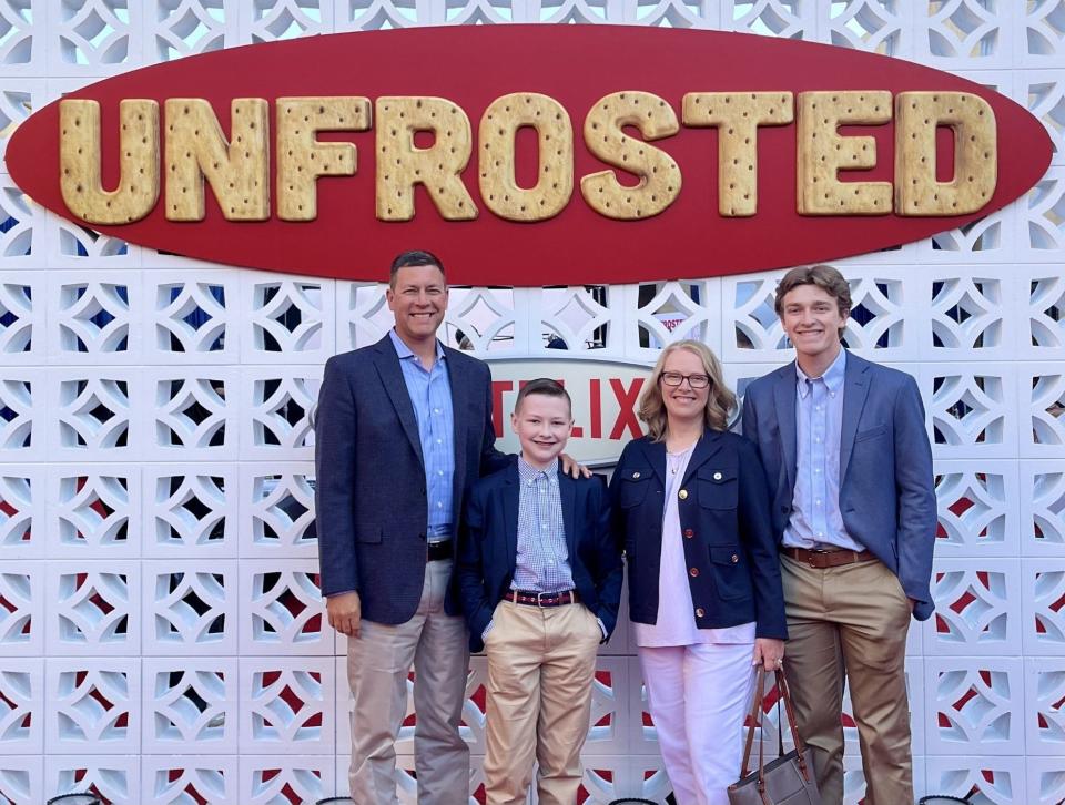 From left to right, Bryan, Bailey, Nancy and Harrison Sheetz at the 'Unfrosted' premiere in Hollywood. Bailey of Chester, Virginia stars as Butchie in the Netflix fictional comedy.