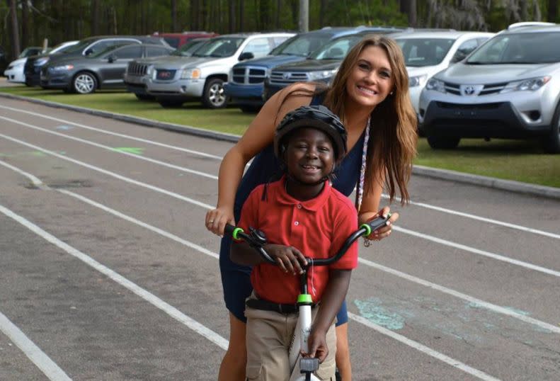 First grade teacher Katie Blomquist, who teaches in South Carolina, <a href="https://www.gofundme.com/everykid" target="_blank">captured national attention</a> in March when she surprised her students with hundreds of custom-made bikes she helped purchase via <a href="https://www.gofundme.com/everykid" target="_blank">a viral GoFundMe campaign</a>. She'd hoped to get them to the kids in time for Christmas, Blomquist's <a href="https://www.gofundme.com/everykid" target="_blank">fundraising page explains</a>, but wasn't able to until March, at which point she and school administrators revealed the surprise to students by hiding them under parachutes generally used for PE class. (Based on the photos of squealing, cheering kids, it certainly looks like it went over well.)<br /><br />"It was an amazing moment," the Charleston County School District <a href="https://www.facebook.com/CCSDconnects/posts/1260241654011631" target="_blank">said in a Facebook post</a>, "a moment everyone who saw in person will remember for the rest of their lives."