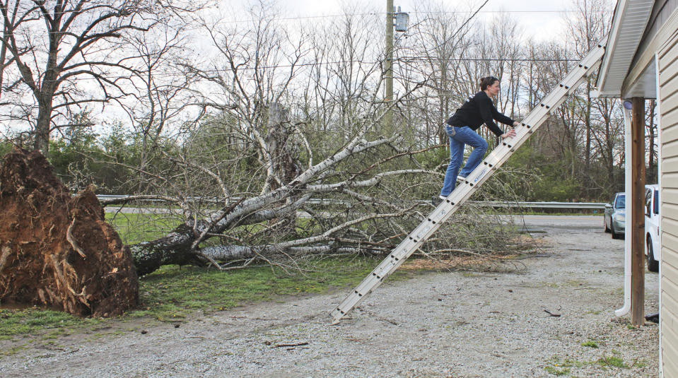 Paula Timms of Caraway climbs up to the roof of her mother-in-law's house to help with repairs Saturday after Friday night's storm in Jonesboro, Ark., March 25, 2017. An uprooted tree took also knocked out the power to the house. Storms demolished mobile homes in Arkansas and a church in Louisiana as a menacing weather system threatened several states across the South and Midwest, authorities said. (Staci Vandagriff /The Jonesboro Sun via AP)