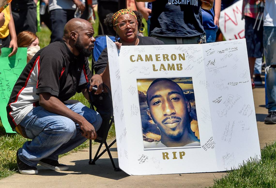 Family members of Cameron Lamb gathered in May 2020 at a Black Lives Matter peace protest in Mill Creek Park on the Country Club Plaza.