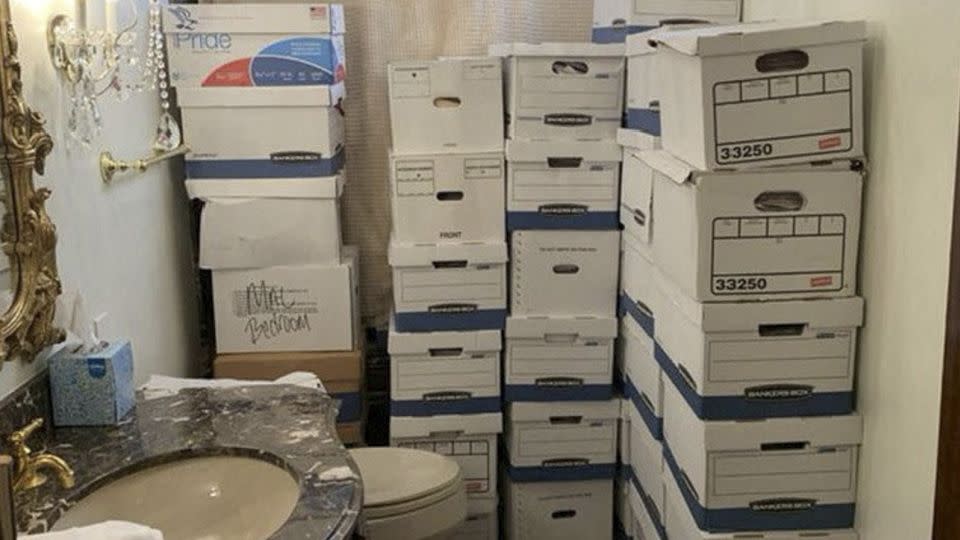 A photo released by the Department of Justice shows boxes of documents stored in a bathroom at Trump's Mar-a-Lago club in Florida in early 2021. - U.S. Justice Department/Handout/Reuters