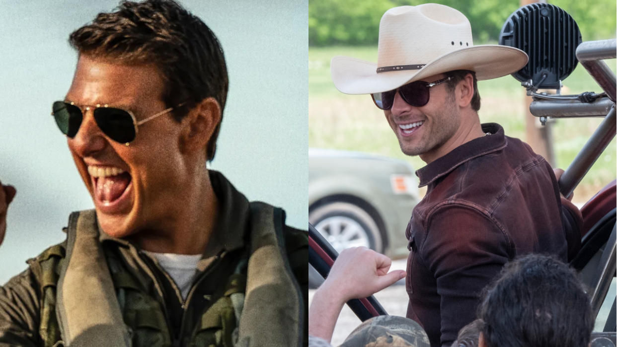  Tom Cruise fist pumps in sunglasses in Top Gun: Maverick and Glen Powell smiles while wearing sunglasses in Twisters, pictured side-by-side. . 