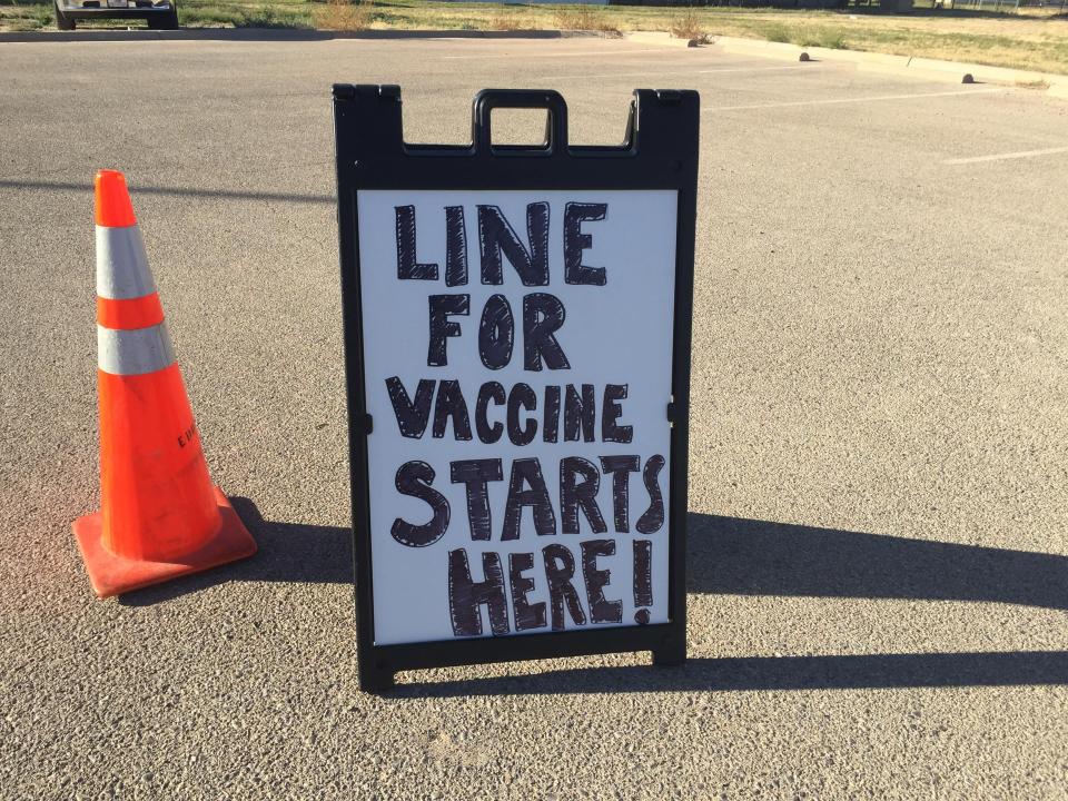 A sign at the Eddy County Public Health office in Artesia reminds drivers where to lineup for drive-thru COVID-19 vaccinations on Oct. 28, 2021.