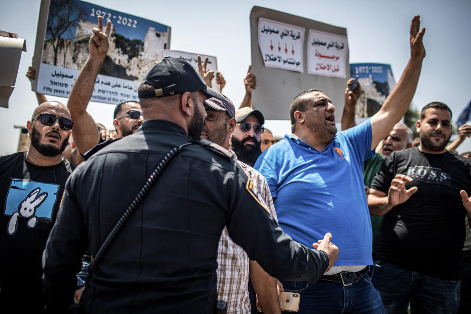 Palestinians take part in a demonstration during the visit of the Right-wing politician Itamar Ben-Gvir to Al-Nabi Samuel village, north of Jerusalem, on Sept. 2.<span class="copyright">Ilia Yefimovich—picture alliance/Getty Images</span>