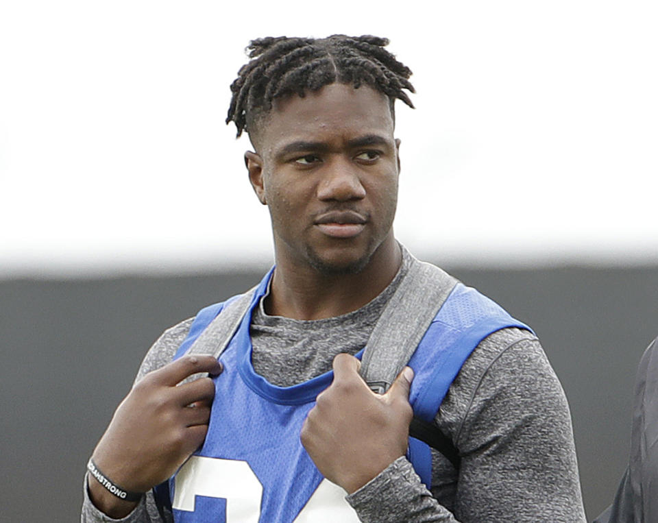 FILE - In this April 11, 2019, file photo, Bobby Okereke is shown during an NFL local Pro Day at the Oakland Raiders football facility in Alameda, Calif. Indianapolis Colts general manager Chris Ballard did his homework on Bobby Okereke. And a sexual assault allegation from 2015 still didn’t scare him off. Just hours after Okereke’s name surfaced publicly for the first time in the case, Ballard told local reporters on a conference call that he took a hard look at Okereke’s past and made others in the organization aware of the accusation before selecting the Stanford graduate in April’s NFL draft.(AP Photo/Jeff Chiu, File)