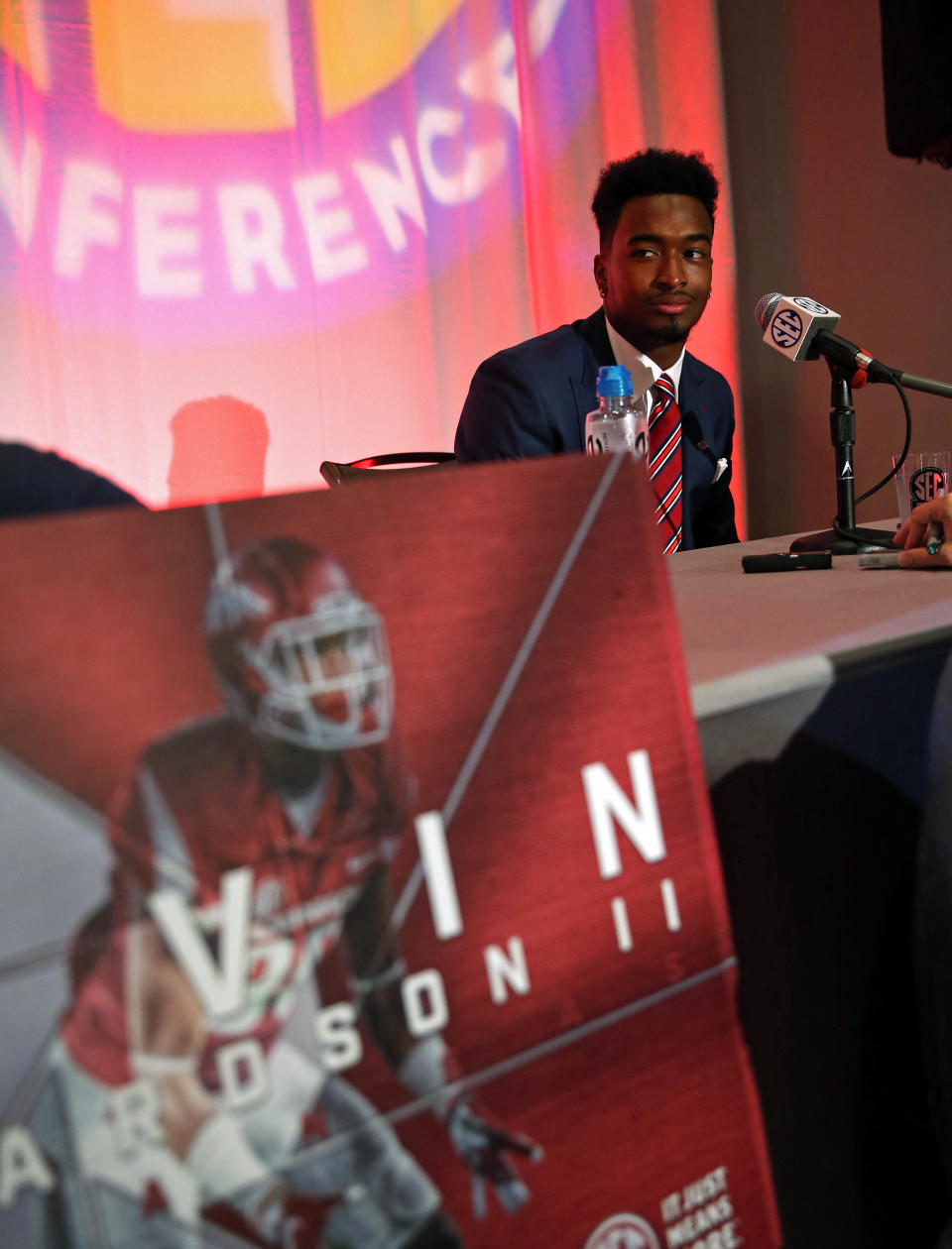 Jul 10, 2017; Hoover, AL, USA; Arkansas defensive back Kevin Richardson II speaks to the media during SEC media days at Hyatt Regency Birmingham-The Winfrey Hotel. Mandatory Credit: Jason Getz-USA TODAY Sports