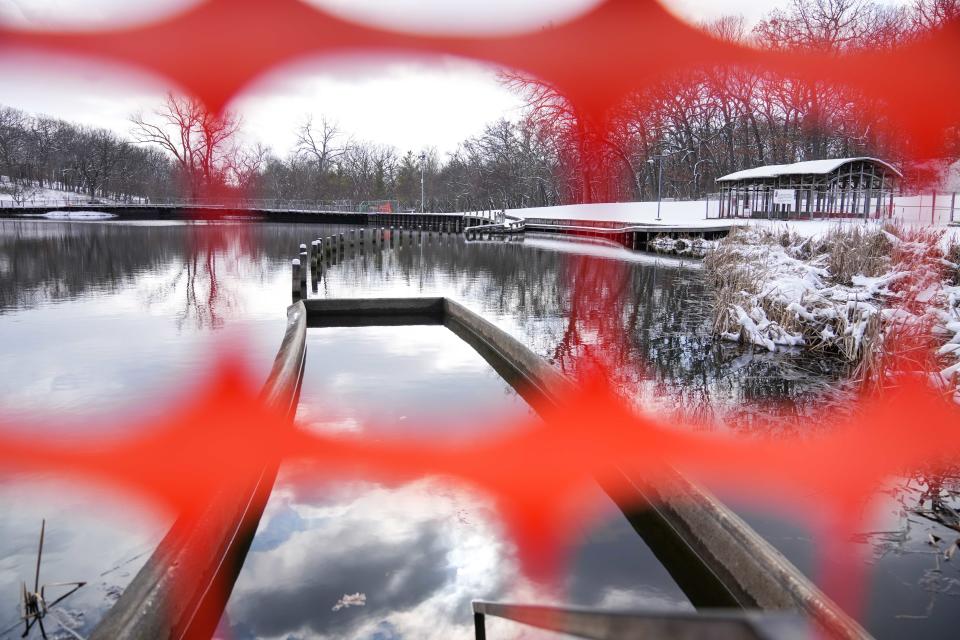 The art installation "Greenwood Pond: Double Site" at Greenwood Park in Des Moines is shown on Friday, Feb. 16, 2024. It's slated to be removed later this year due to safety concerns and a high cost to rebuild it.