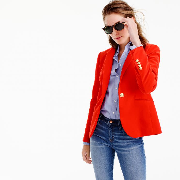 Model in red blazer by J.Crew