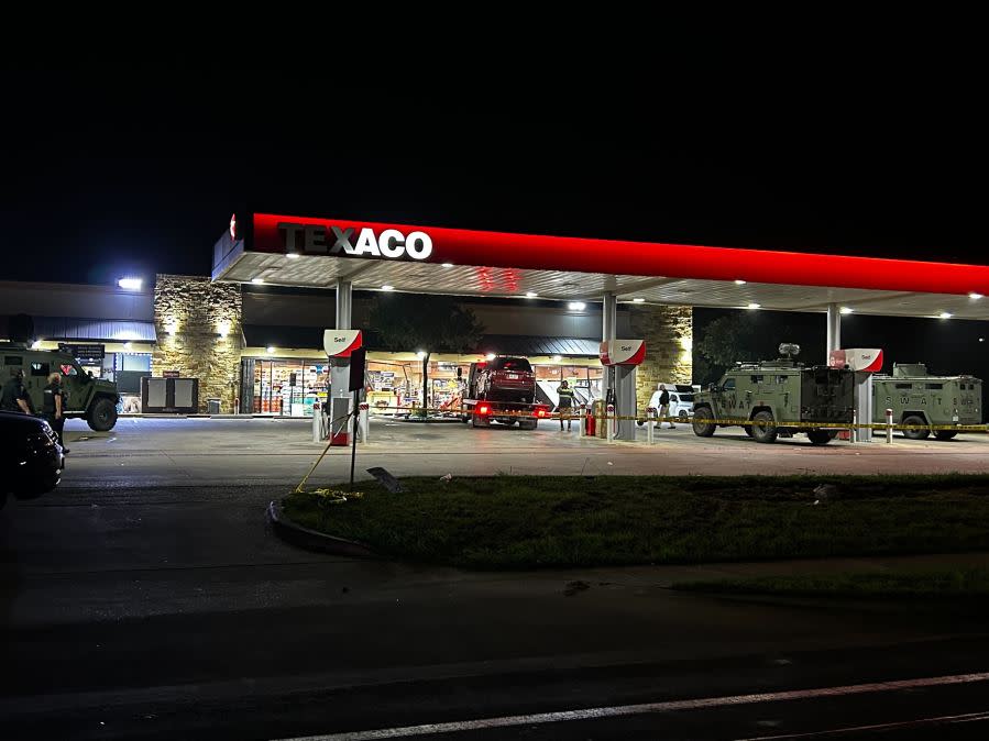 Texaco gas station which was the scene of an officer-involved shooting following a SWAT call in southeast Austin May 21 was damaged during the incident. (KXAN Photo/Dylan McKim)