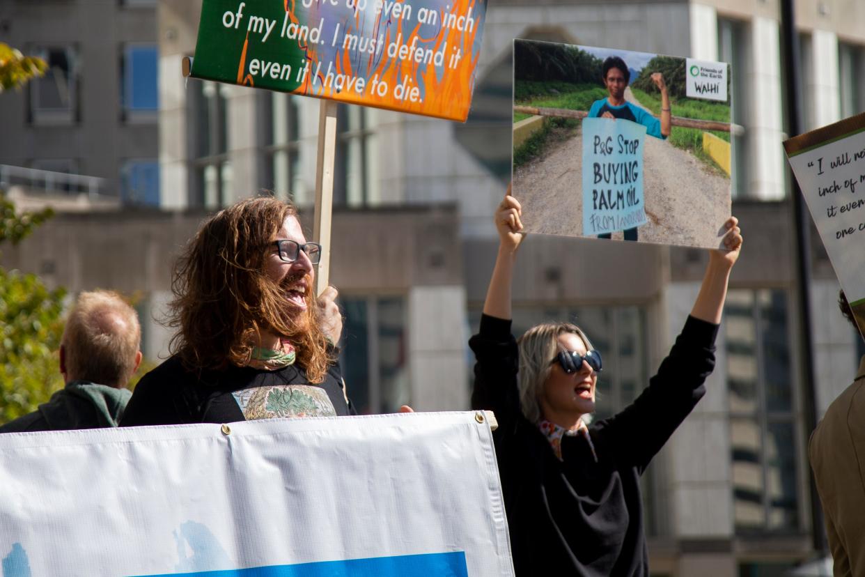 During Procter & Gamble’s annual shareholder meeting Tuesday, dozens of human rights activists and descendants from both of P&G’s founding families gathered outside the Cincinnati headquarters to protest what they say is the corporation’s failure to address unsustainable sourcing of materials from climate-critical forests in the Canadian boreal and Southeast Asia.