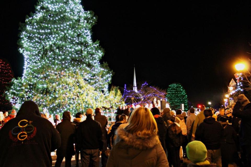 People attend the tree lighting ceremony at Dover's Capital Holiday Celebration in December 2019 on Loockerman Way Plaza near city hall and the library.