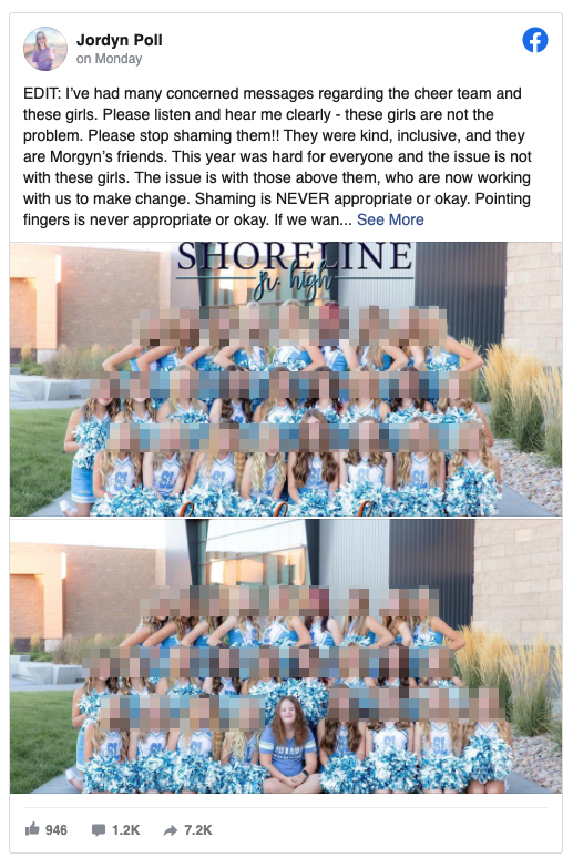 Jordyn Poll shared the two pictures, one with her sister posing with her teammates and another without her that made it into the yearbook (Jordyn Poll Facebook)